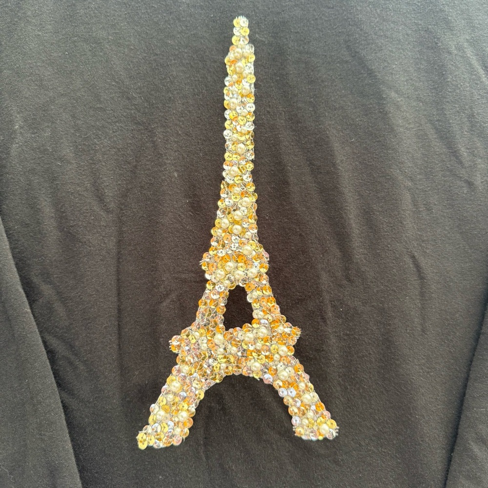 Karl Lagerfeld Black Tee with Sequined Eiffel Tower Size Large Long Sleeve - Picture 3 of 8
